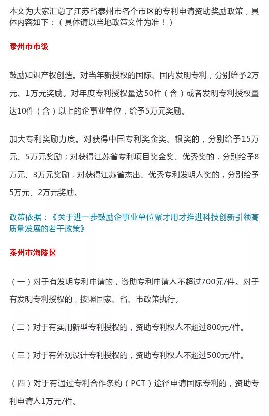 2020年江苏省泰州市各市区专利资助奖励政策汇总